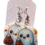 Adorable Ghost Trick Or Treating Dangle Pierced Earrings Orange Black New Photo 0