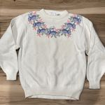 Vintage Floral Embroidered Knit Collar Spring Crewneck Sweater Women’s Large White Photo 0