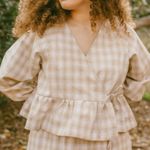 Soft Haus Garden Party Wrap Top Blouse Linen Cotton Natural Plaid Tan Size XS Photo 10