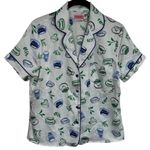 Kate Spade  Blue Green Novelty Coffee Print Satin Pajama Top Cozy Feminine XS Photo 1