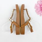 Stuart Weitzman Women’s Goldie Pearl Demi Wedge Thong T-Strap Sandals Tan White Photo 3