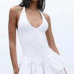 ZARA  White V Neck Halter Neck Ruffled Mini Dress - Size Small Photo 0