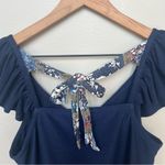 Hem & Thread  Navy Blue Ruffle Neckline Tie Back Shirt Size Small Photo 3