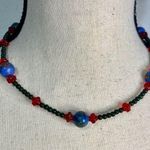Floral Blue Bead with Red & Green Accents Beaded Necklace Photo 0