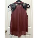 Maroon Sheer And Faux Leather Top Medium Women’s Sleeveless Shirt Blouse Button Red Photo 4