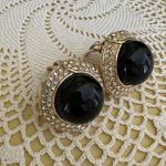 Vintage Ciner Clip on Earrings Gold Black Onyx Rhinestone Costume Statement Photo 2