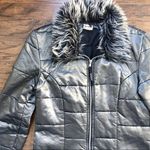 vintage • Y2K quilted puffer jacket metallic silver faux fur collar zip Photo 1