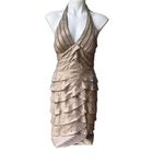 Cache Vintage Bronze Halter Shimmer Tiered Ruffle Mesh Accent Bodycon Dress Photo 2