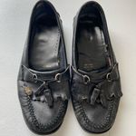 Women’s solid black leather tassel slip on loafers mules boat shoes size 8 Photo 1