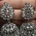 Rhinestone Polki Jhumka Indian Bollywood Style Drop Pierced Earrings Silver Tone Photo 3