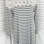 Umgee Striped Crochet Lace Shoulder Tee Shirt Dress Gray Ivory Medium Photo 0