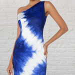 Lauren Pierce Atelier One Shoulder Mini Dress S Blue Tie Dye Silk Lined USA Photo 0