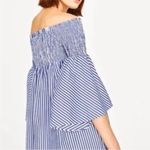 ZARA Off the Shoulder Mini Dress Or Tunic Blue & White Striped Pleated sz Small Photo 2