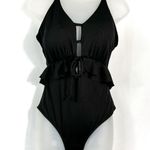 SheIn Black Women’s Ribbed Cutout Ruffle Waist Tie Back One Piece Swimsuit 1XL Photo 0