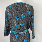 Vintage Midi Dress Paisley Floral Printed Belted Black Blue Womens Medium Photo 6
