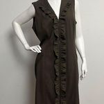 Classiques Entier Size 14 Sheath Dress Olive Green Ruffled V Neck Zip Up NO BELT Photo 1