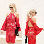 Bardot Mila Lace Dress Cold Shoulder Flare Sleeve Halter Neck Red Cut Out Back 4 Photo 1