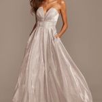 Betsy and Adam Glittery Silver Strapless Ball Gown Photo 0