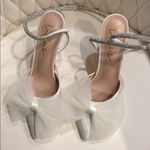 Lulus  White Satin Heels with Bow and Rhinestone Strap Photo 1