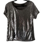 August Silk Shirt Vintage 90s 1X Gray Silver Sequin Party Top Swifty Disco Photo 0