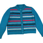 Vintage Womens Knit Cardigan Striped Teal Blue Sweater Button Front Jacket Large Photo 0