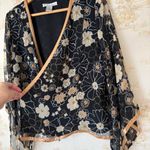 Vintage whimsigoth silk black gold floral beaded sheer bell sleeve cardigan top Size M Photo 4