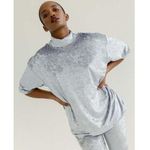 NEW Et Tigre Kenji Silver Metallic Velvet Velour Short Sleeve Mock Neck Top Sz S Photo 0