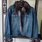 Overland Fox Fur Trim Denim Jean Jacket Women Size Large Blue Photo 0