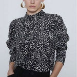 ZARA ‎ Animal Print Blouse Top Ruched Sleeve Mock Neck Black White Chic Photo 0