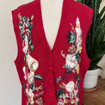 Vintage Christmas Vest candle bells Ramie Cotton Angora 2X Red Photo 0