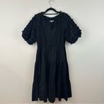 Chico's  Poplin Fringe Puff Sleeve Dress Midi Length Black Tiered Skirt Size 12 Photo 1