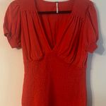 Free People Red V-Neck Smocked Mini Dress Puff Ruffle Sleeves Women's Size Large Photo 0