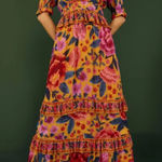 Anthropologie NWOT Farm Rio Floral Dream Short Sleeve Maxi Dress Yellow Floral Photo 0