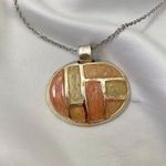 Early 2000's Whimsical Oval Chunky Orange Cream Checkered Pendant Necklace Silver Photo 2