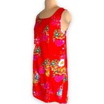 Vintage 90s Dress Cherry Red Hot Pink Floral Detail Square Neck Sleeveless Linen Size M Photo 2
