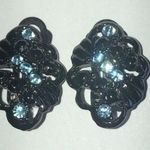 Vintage Dark Gray Black Metal Blue CZ Rhinestone Clip On Earrings Photo 0