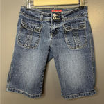 Hot Bottoms Shorts Womens 5/6 Blue Denim Bermuda Cargo Pockets Stretch Photo 0