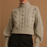 BLANK NYC Women's Taupe Cable Knit Turtleneck Sweater Size M Pom Details Photo 0
