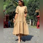 ZARA Asymmetric Puff Sleeve Tiered Cotton Poplin Midi Dress in Camel Size XS Photo 2