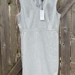 Ann Taylor NWT V Neck Midi Dress Bi-Stretch Grey Pinstripe Size 16 Photo 2