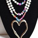 Boho Funky Statement Heart Gold Tone Colorful Stacked Stone Faux Pearl Necklace Photo 0
