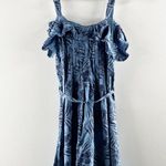 Roxy Ruffle Neckline Belted Tropical Print Mini Sundress Blue Medium Photo 4