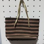 Brown & Pink Striped Woven Tote Bag with Gold Straps Photo 0