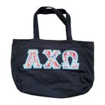 Alpha Chai Omega Tote Bag Black Embroidered Floral Logo Initials Pockets 16"x10" Photo 0