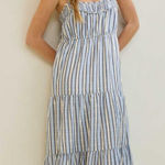 Aerie  Striped Tiered Maxi Dress Small Blue Neutral NEW Casual Coastal Nautical Photo 0
