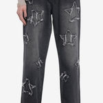 Hot Topic  Womans Black‎ Frayed Star Patch Wide Leg Denim Pants Size Large Goth Photo 0