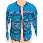 Vintage 90s Cardigan Sweater Round Neck Bright Blue Hand Knit Abstract Pattern Photo 3