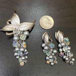 Vintage Unsigned Beaded Pearl Crystal Grape Bunch Cluster Brooch & Earrings Set Photo 12