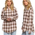 POL  Frayed Hem Oversized Plaid Flannel Button Down Top western/rodeo L Photo 0