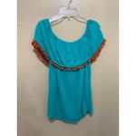 JODIFL Turquoise Embroidered Floral Off Shoulder Pom Pom Top Medium Photo 6